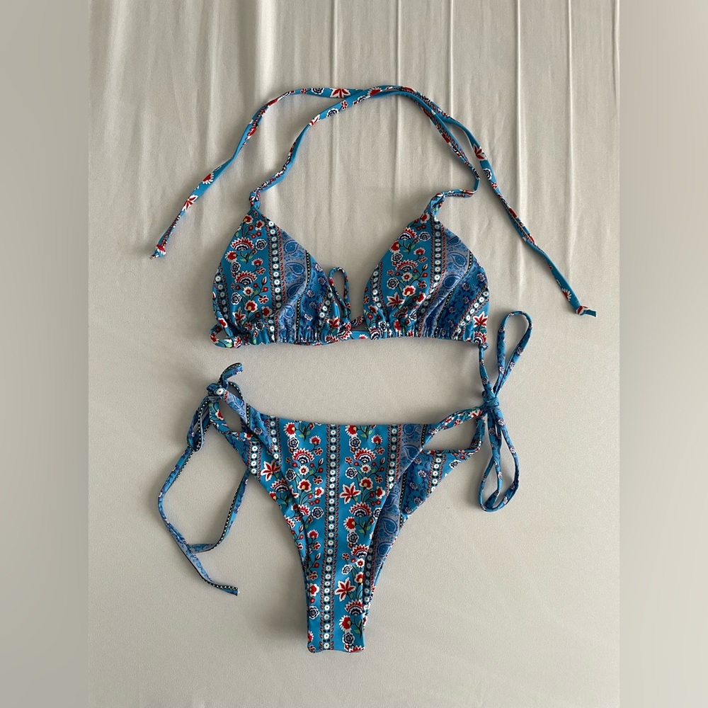 ZAFUL Blue Paisley Floral Triangle Tie Bikini Set Size S